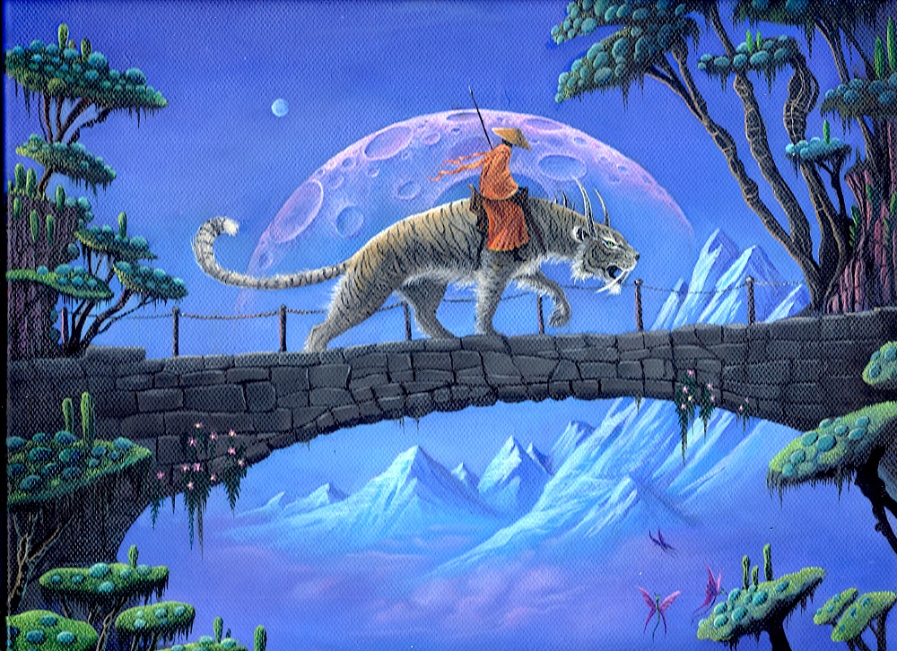 Happy woman hiker in a misty forest